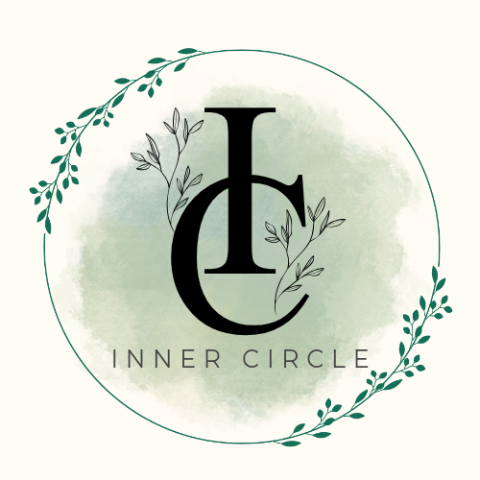 Inner Circle logo featuring the initials "IC" in an elegant black font, surrounded by delicate botanical elements. The design has a soft green watercolor background with a circular frame accented by leafy vines, symbolizing growth, connection, and community.