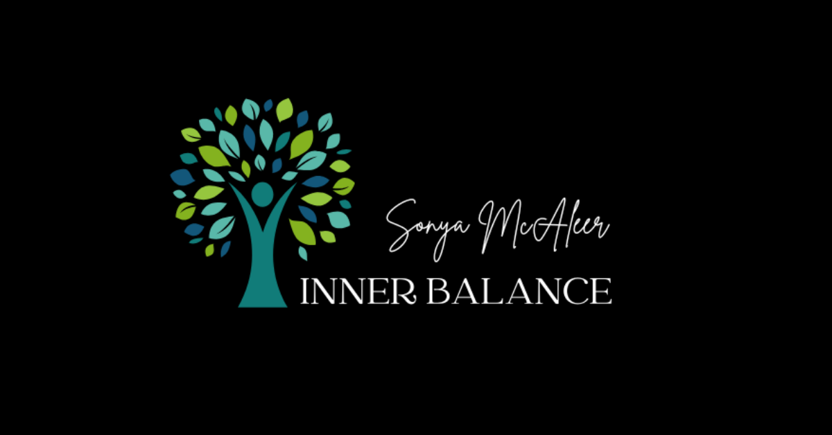 Inner Balance logo featuring a stylized tree with blue and green leaves, incorporating a human figure at its center. The text "Sonya McAleer" appears in elegant script above "INNER BALANCE" in bold, capital letters. The design represents growth, alignment, and personal transformation.
