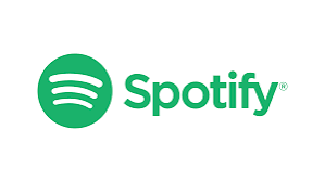 Spotify logo featuring a green circle with three curved sound waves, accompanied by the word "Spotify" in bold green text, representing the popular music and podcast streaming platform.